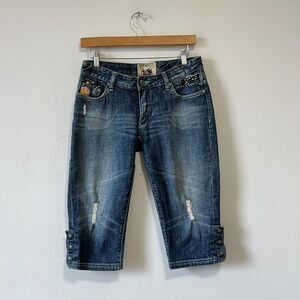 2000s Vintage Parasuco Denim Capri Cropped Jeans Snaps Studded Distressed 28
